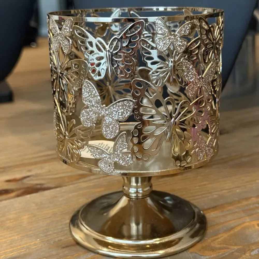 Bath & Body Works Glitter Butterfly Gold Metal Pedestal Candle Holder 3-Wick - Picture 2 of 7